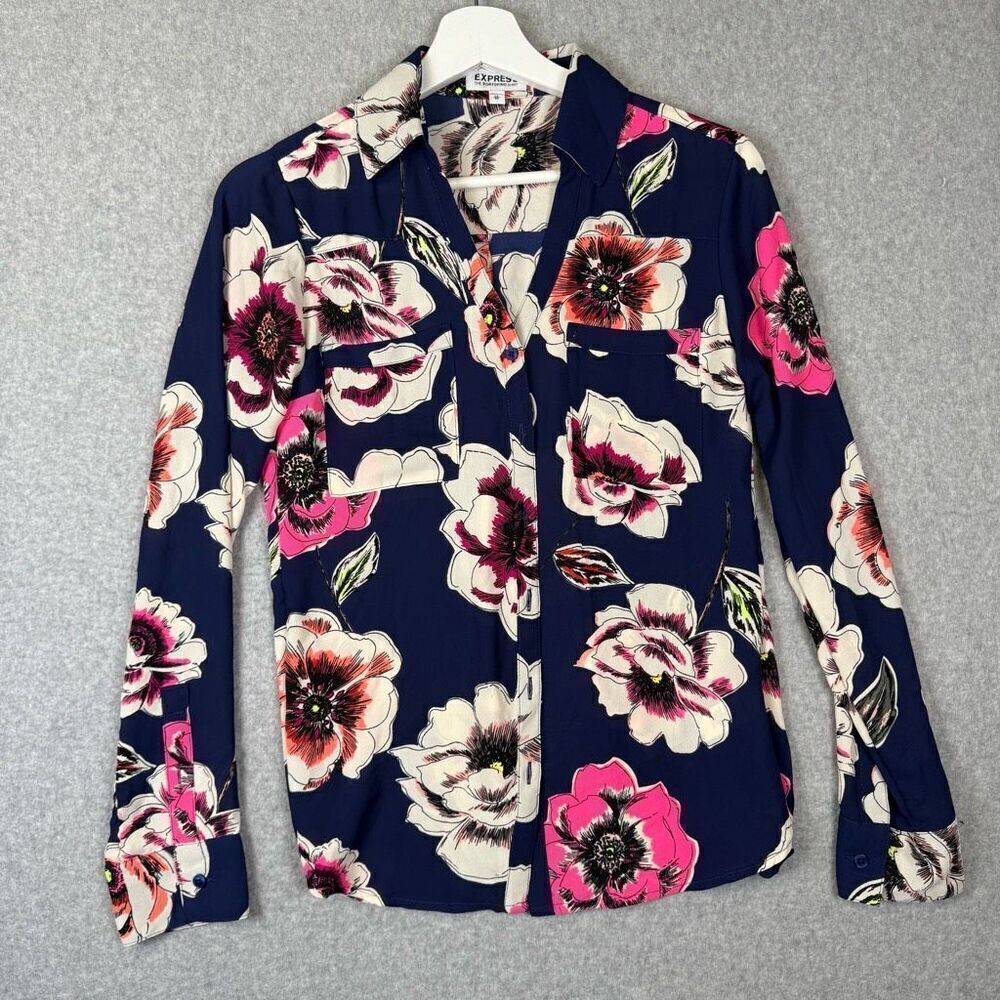 Express Womens XS Portofino Button Front Shirt Blouse Navy Blue Floral Print